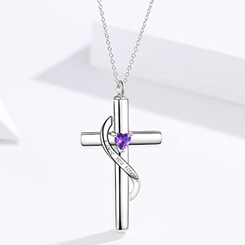 SOULMEET Crystal Cross Necklace for Ashes, Sterling Silver I Love You Forever Birthstone Cross Urn Necklaces for Ashes Keepsake Cremation Jewelry for Pet Human Ashes - style: B-White Gold-February