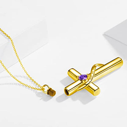 SOULMEET Crystal Cross Necklace for Ashes, Sterling Silver I Love You Forever Birthstone Cross Urn Necklaces for Ashes Keepsake Cremation Jewelry for Pet Human Ashes - style: B-Gold-February