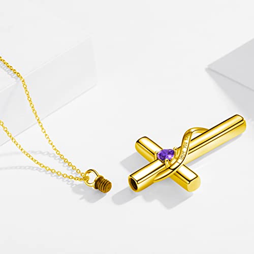 SOULMEET Crystal Cross Necklace for Ashes, Sterling Silver I Love You Forever Birthstone Cross Urn Necklaces for Ashes Keepsake Cremation Jewelry for Pet Human Ashes - style: B-Gold-February