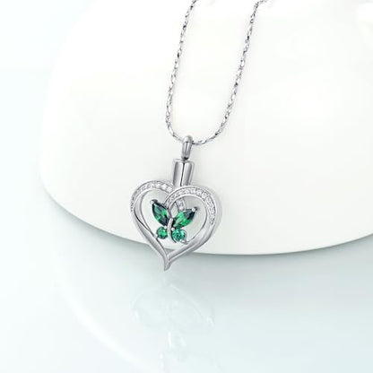 Imrsanl Butterfly Heart Pendant Cremation Urn Necklace for Women - color: Silver-Green