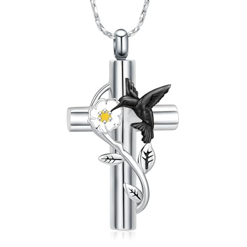Cross Hummingbird Urn Necklace for Ashes Flower Ashes Pendant Memorial Necklace Cremation Jewelry Ashes Keepsakes Necklace Gift for Loss of Loved Ones Memorial Jewelry - color: Hummingbird-Black