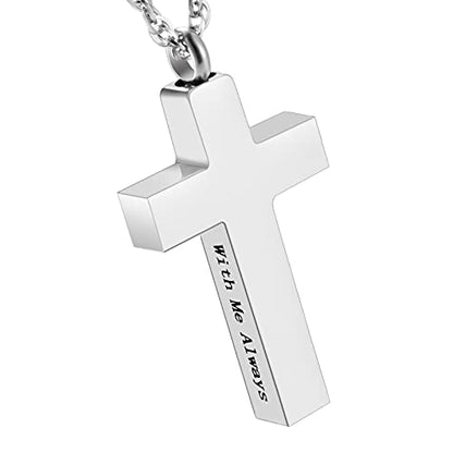 Cremation Cross Necklace for Ashes Stainless Steel Cross Urn Pendant Ashes Holder Memorial Jewelry-With Me Always - style: With me always-Silver