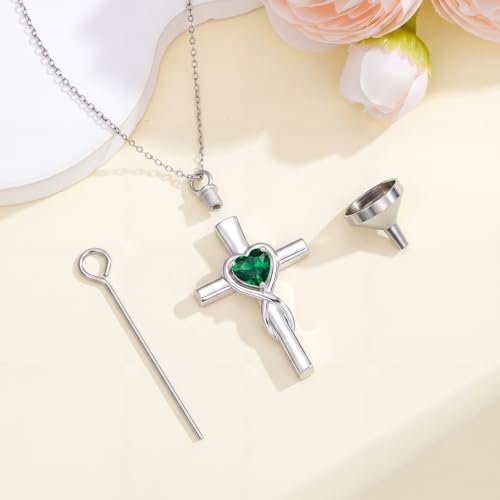 YYB Urn Necklace for Ashes Women Heart Birthstone Cross Cremation Jewelry | Memorial Keepsake Funeral Jewelry for Loved Ones (with Funnel Filler) - color: 05-May-Emerald