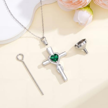 YYB Urn Necklace for Ashes Women Heart Birthstone Cross Cremation Jewelry | Memorial Keepsake Funeral Jewelry for Loved Ones (with Funnel Filler) - color: 05-May-Emerald