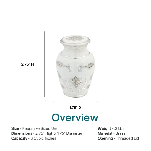 Grace White Keepsake Cremation Urn for Ashes, Brass, White and Silver Urn, Keepsake Sized Cremation Urn, 3 Inches High