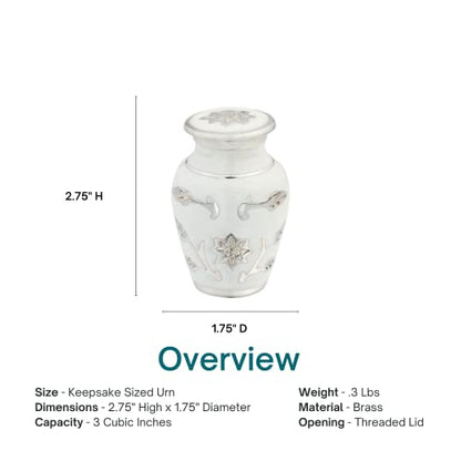 Grace White Keepsake Cremation Urn for Ashes, Brass, White and Silver Urn, Keepsake Sized Cremation Urn, 3 Inches High