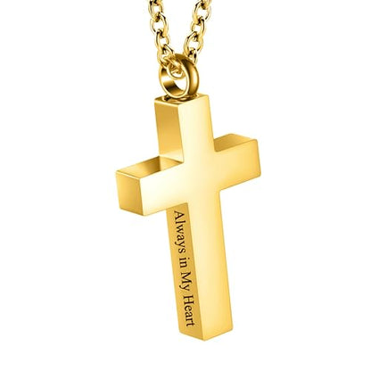 Cross Urn Necklace for Ashes for Men Women Cremation Jewelry Urns Locket Pendant Ashes Holder Memorial Jewelry-Always in My Heart - color: Always in My Heart,Gold