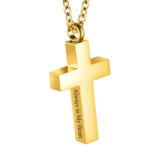 Cross Urn Necklace for Ashes for Men Women Cremation Jewelry Urns Locket Pendant Ashes Holder Memorial Jewelry-Always in My Heart - color: Always in My Heart,Gold