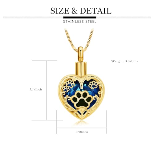 Yinplsmemory Pet Urn Necklace Pendant Jewelry for Dog Cat Memorial Crystal Heart Cremation Jewelry with Paw Print Ashes Keepsake Funeral Jewelry - color: Gold-blue