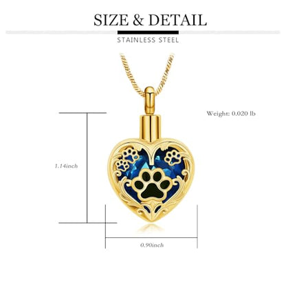 Yinplsmemory Pet Urn Necklace Pendant Jewelry for Dog Cat Memorial Crystal Heart Cremation Jewelry with Paw Print Ashes Keepsake Funeral Jewelry - color: Gold-blue