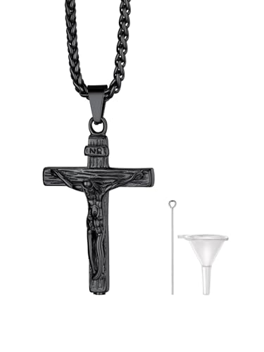 Richsteel Urn Necklaces for Ashes for Women Men Cremation Pendant | Necklace for Ashes Stainless Steel Memorial Jewelry - color: 03-Black Crucifix Jesus