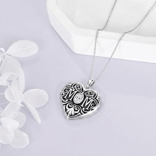 Mom Photo Locket Necklace 925 Sterling Silver Mothers Necklace Mother Photo Locket Pendant Mom Jewelry for Mother's Day - color: mom-text