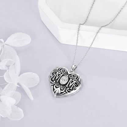 Mom Photo Locket Necklace 925 Sterling Silver Mothers Necklace Mother Photo Locket Pendant Mom Jewelry for Mother's Day - color: mom-text