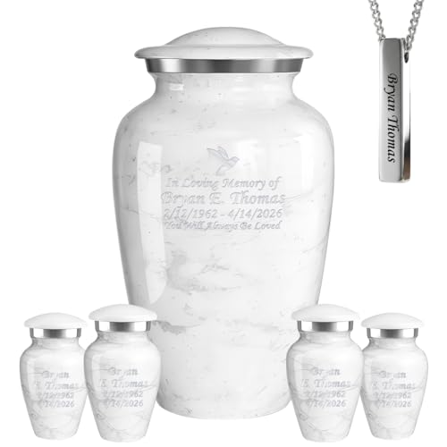 Set of 6 Custom Engraved Cremation Urns for Human Ashes Includes 1 Large Urn with 4 Small Keepsakes & 1 Silver Necklace - White Marble - color: White Marble - Custom