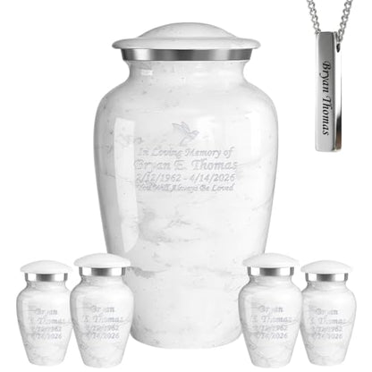Set of 6 Custom Engraved Cremation Urns for Human Ashes Includes 1 Large Urn with 4 Small Keepsakes & 1 Silver Necklace - White Marble - color: White Marble - Custom