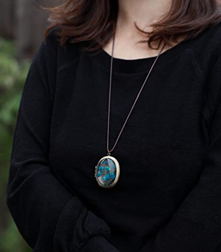 Handmade Oval Shaped Photo Locket with dried Pressed Flowers Locket pendant Necklace - style: Purple Larkspur