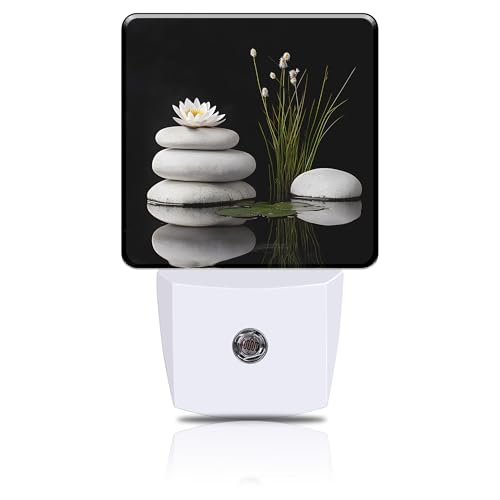 Grey Stones and White Lotus Night Light, Plug-in Nightlight with Dusk to Dawn Auto Sensor for Home Bedroom Hallway Kitchen 0.5W Sleep Friendly Led Lamp for Women Men - color: Grey Stones and White Lotus