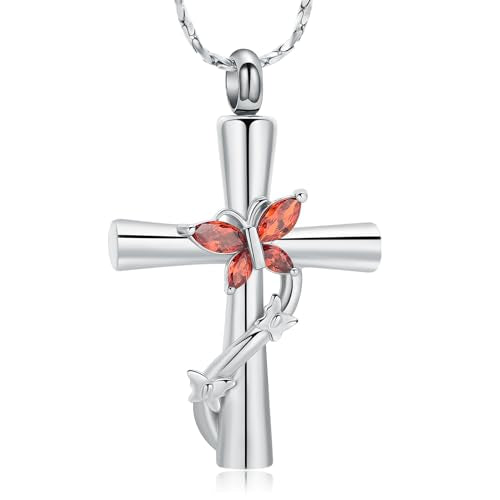 Imrsanl Cross with Butterfly Urn Necklaces for Ashes for Women - color: Silver Red