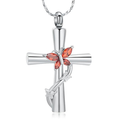 Imrsanl Cross with Butterfly Urn Necklaces for Ashes for Women - color: Silver Red