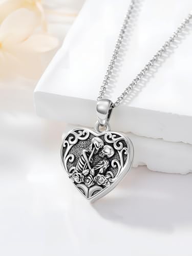 Personalized Heart Locket Necklace That Holds Pictures 925 Sterling Silver Custom Photo Lockets Necklaces Jewelry Gifts for Family Women Lover - color: Skull, style: Locket Only