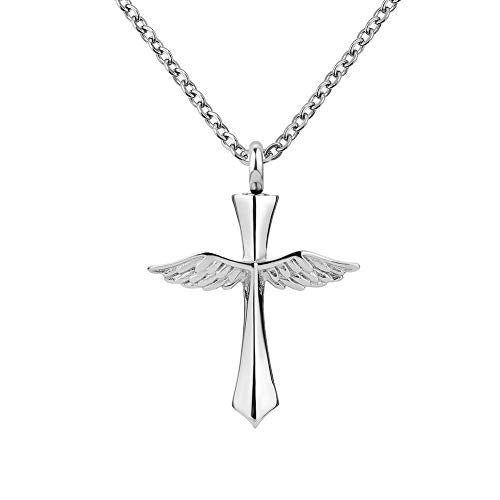 Cross Urn Necklace for Ashes Keepsake Urn Cremation Jewelry Memorial Ash Holder Pendant - style: Stainless Steel Chain with Angel Wing Cross Pendant