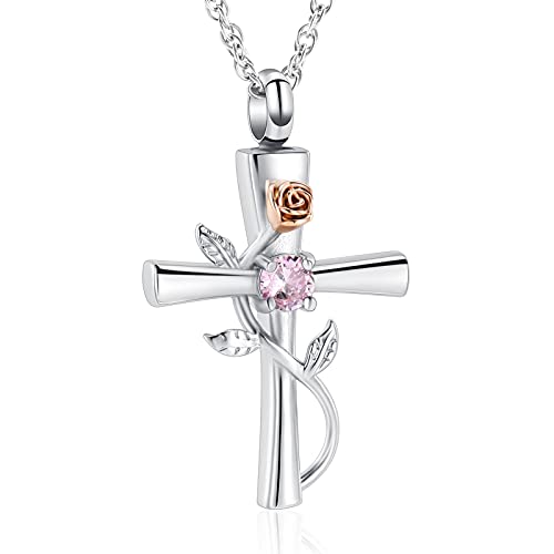 shajwo Cross Urn Necklace for Ashes Birthstone Rose Flower Cremation Jewelry for Women Gilrs Keepsake Memorial Ashes Pendant - color: Pink