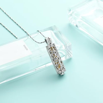 Tree of Life Urn Necklace for Women Men Cylinder Bar Memorial Ash Pendant | Tree of Life Cremation Jewelry,Stainless Steel Keepsakes Necklaces,Vial Ashes Pendant - color: Silver-Gold