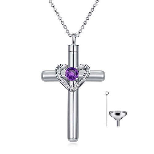 AOBOCO Cross Necklace for Ashes, Sterling Silver Birthstone Cross Urn Necklaces for Ashes Embellished with Crystals from Austria Keepsake Cremation Jewelry for Pet Human Ashes - color: 02-amethyst-Feb
