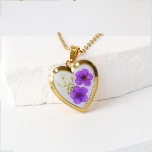 Heart Locket Necklace That Holds Pictures Pressed Flower Photo Locket Pendant Necklace for Girl Women Gift for Her - style: Gold-Purple Forget me not
