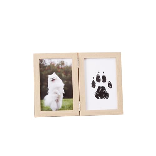 Pet Memorial Double Picture Frame with Paw Print Kit, Natural Wood, Includes Black Ink Pad and Print Papers (White)