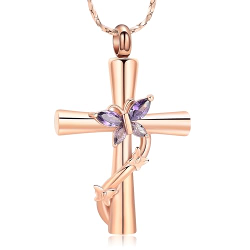 Butterfly Cross Urn Necklace for Ashes Birthstone Cremation Jewelry for Men Women Ashes Pendant Keepsake Memorial Ash Jewelry - color: Rosegold-Purple