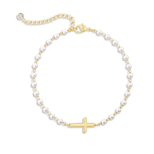 Moodear Cross Bracelet for Women, Dainty Sterling Silver/Gold Plated Gift | Christian Religious Gifts for Teen, Stocking Stuffers, Adjustable Link Bracelets, Sparkling CZ Cross, Non Tarnish Jewelry - color: Pearl Gold Cross Bracelet