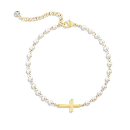 Moodear Cross Bracelet for Women, Dainty Sterling Silver/Gold Plated Gift | Christian Religious Gifts for Teen, Stocking Stuffers, Adjustable Link Bracelets, Sparkling CZ Cross, Non Tarnish Jewelry - color: Pearl Gold Cross Bracelet