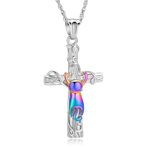 Cross Urn Necklace for Ashes Pet Paw Cremation Jewelry Ashes Necklace for Dog/Cat Paw Print Memorial Locket for Women Men - color: Silver-rainbow