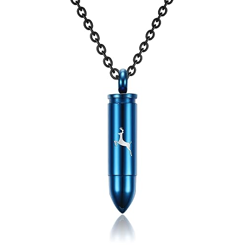 SIYUU Bullet Cremation Jewelry for Ashes Vial Deer Engraved Urn Necklace Stainless Steel Ash Container Keepsake Pendant Memorial Jewelry for Men Women - color: Blue