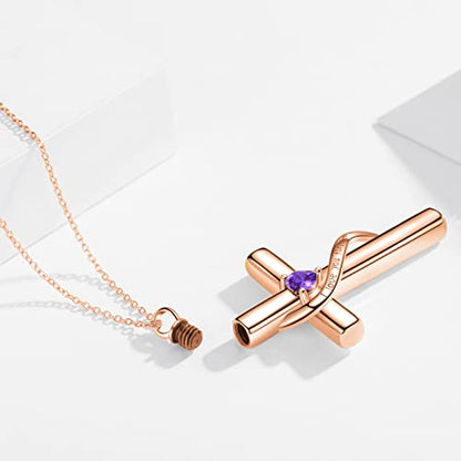 SOULMEET Personalize Solid 10k 14k 18k Real Gold Birthstone Cross Locket for Ashes, Simulated Gemstone Cross Urn Necklaces with Gold Chain Keepsake Cremation Jewelry - style: B-Custom Rose Gold February
