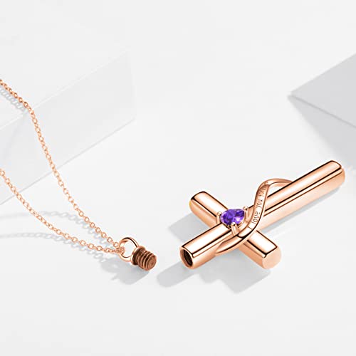 SOULMEET Crystal Cross Necklace for Ashes, Sterling Silver I Love You Forever Birthstone Cross Urn Necklaces for Ashes Keepsake Cremation Jewelry for Pet Human Ashes - style: B-Rose Gold-February