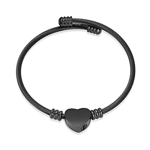constantlife Cremation Bracelet for Ashes Memorial Jewelry Stainless Steel Heart Shape Urn Pendant Bangle Loved Ones Funeral Ashes Holder Keepsake Gift - color: A-Black