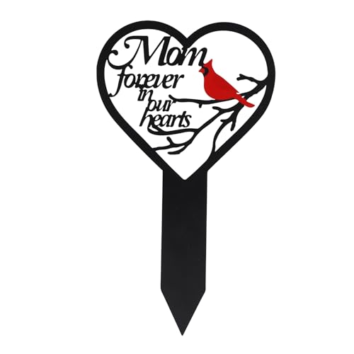 Memorial Grave Markers Heart Memorial Plaque Stake Sympathy Grave Markers Cemetery Cardinals Garden Stake Memorial Metal Grave Stake Decoration for Mom Dad Cemetery Outdoors Yard Garden (Mom-A) - color: Mom-A