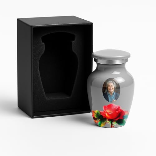Custom Photo Urn with Rose Design – Personalized Mini Keepsake Urn for Human Ashes – Add Picture & Text – Small Memorial Urn with Red Flower, Velvet Bag, Funnel & Box – Made in USA - color: Custom Photo - Gray, size: Small