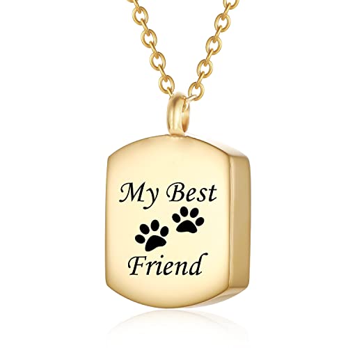 Stainless Steel Square Cremation Dog Tag Urn Necklace for Ashes — Pet Memorial Keepsake Jewelry for Dogs & Cats, Paw Print and Tree of Life Pendant for Women Men, Sympathy Bereavement Gift - color: Gold-1