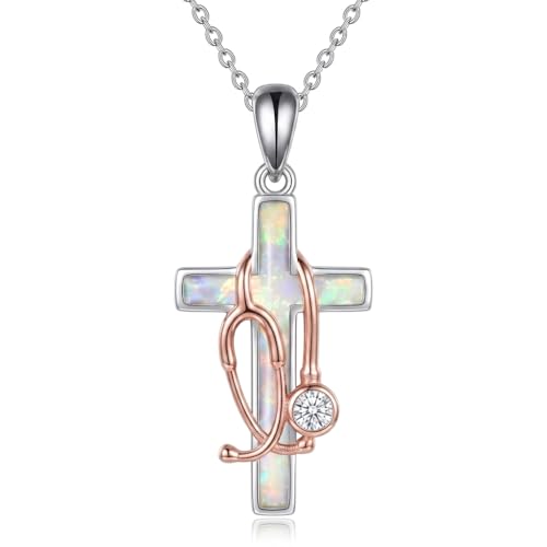 Necklace for Women 18K White Gold Plated Breast Cancer/Stethoscope Cross/Miscarriage Pendant Necklace Jewelry Gifts for Women - style: Nurse Cross