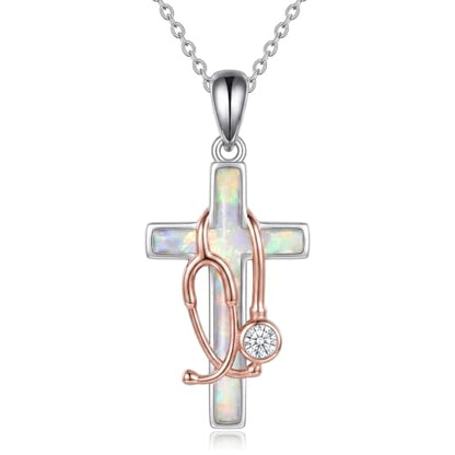Necklace for Women 18K White Gold Plated Breast Cancer/Stethoscope Cross/Miscarriage Pendant Necklace Jewelry Gifts for Women - style: Nurse Cross