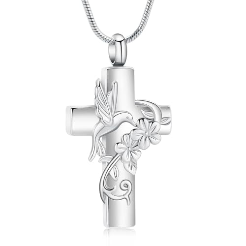 Cross Hummingbird Urn Necklace for Ashes Flower Ashes Pendant Memorial Necklace Cremation Jewelry Ashes Keepsakes Necklace Gift for Loss of Loved Ones Memorial Jewelry - color: Silver