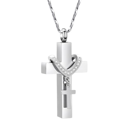 Cross Urn Necklace for Ashes Cremation Jewelry with Mini Keepsake Engraved Memorial Ash Pendant for Loved Ones Sympathy Gift - With Me Always - color: Silver