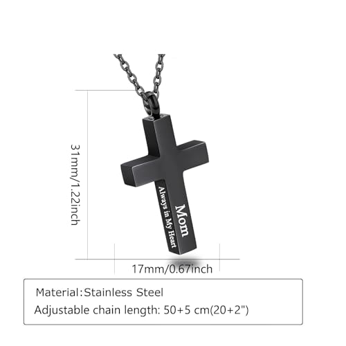 Cross Urn Necklace for Ashes for Men Women Cremation Jewelry Urns Locket Pendant Ashes Holder Memorial Jewelry-Always in My Heart - color: Black Mom