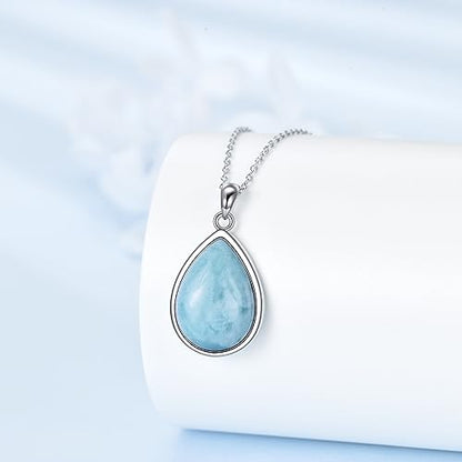 CRMAD Larimar/Opal/Lapis Lazuli/Tourmaline/Malachite/Labradorite/Turquoise/Onyx/Rose Quartz/Amber/Peridot Necklace for Women 925 Sterling Silver Teardrop Pendant Jewelry Gifts - color: Larimar
