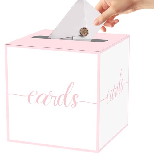 Pink Card Box for Party, Baby Shower, Graduation, Gender Reveal | Box for Cards, Envelope, Raffle Ticket, Ballot, Money Receiving; 8.7 x 8.7 x 8.7 Inch Gift Card Box for Grad Party Decoration - color: Pink Trim