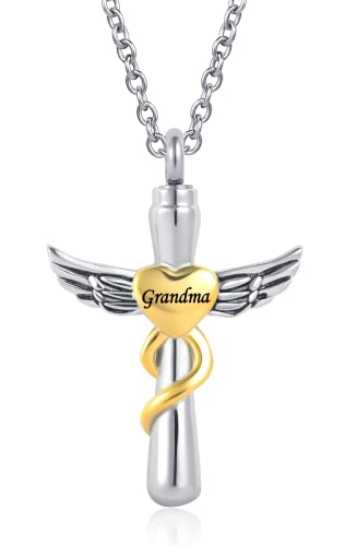 Guardian Angel Wing Cremation Urn Necklace for Ashes Cross Heart Love Memorial Keepsake Pendant Jewerlry Women - style: Grandma