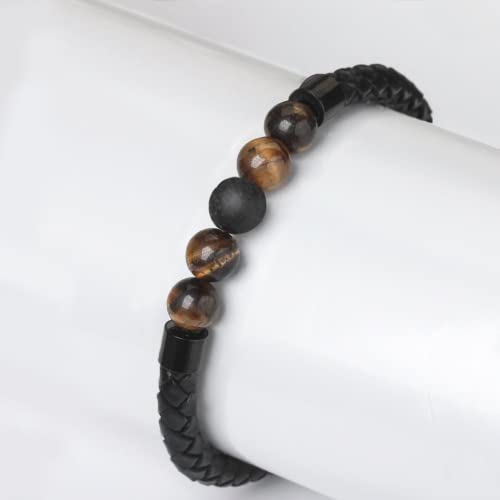shajwo Cremation Jewelry Lava Stone Urn Bracelet for Ashes for Women Men Chakra Healing Balancing Genuine Leather Memorial Bracelets - color: Black (4 Tiger Eye + 1 Lava Stone)